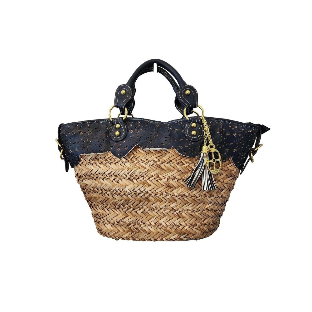 Iman Wicker and Faux Blue Leather Large Tote - New with flaws